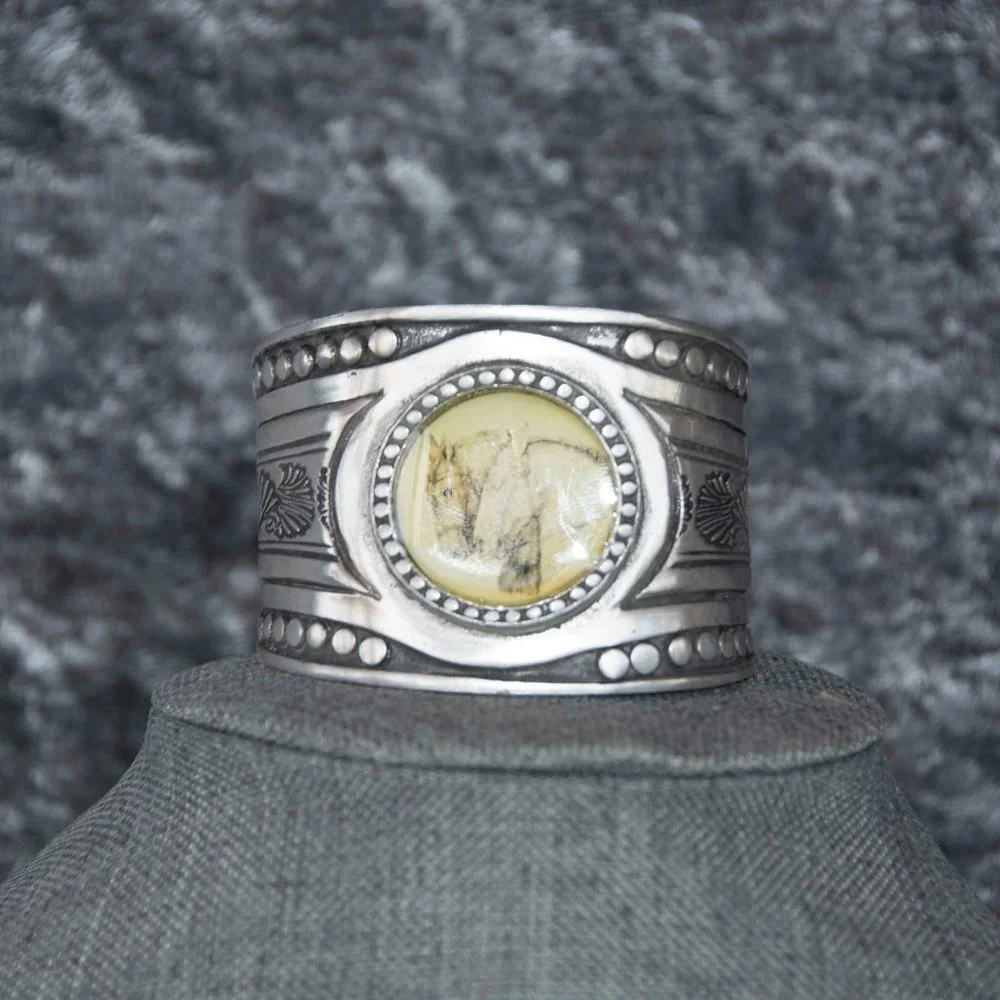 Hand Crafted Pewter Cuff Bracelet - Scribed Horse Heads Focal - Picture 2 of 7